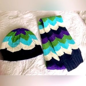 GAP Kids XL winter scarf & hat 2 Pc set 5 color blocks blue purple green black
